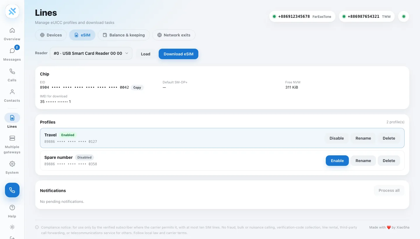 The Cevix eSIM page: chip details of the eSIM card in a reader, and two profiles, Travel (enabled) and Spare number, each with Enable or Disable, Rename and Delete. Identifiers are masked.