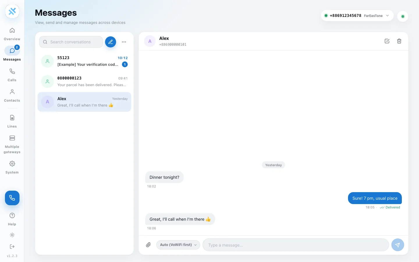 The Cevix Messages page: conversations such as a verification code and a parcel notice on the left, and an open conversation with Alex on the right, ready for a reply.